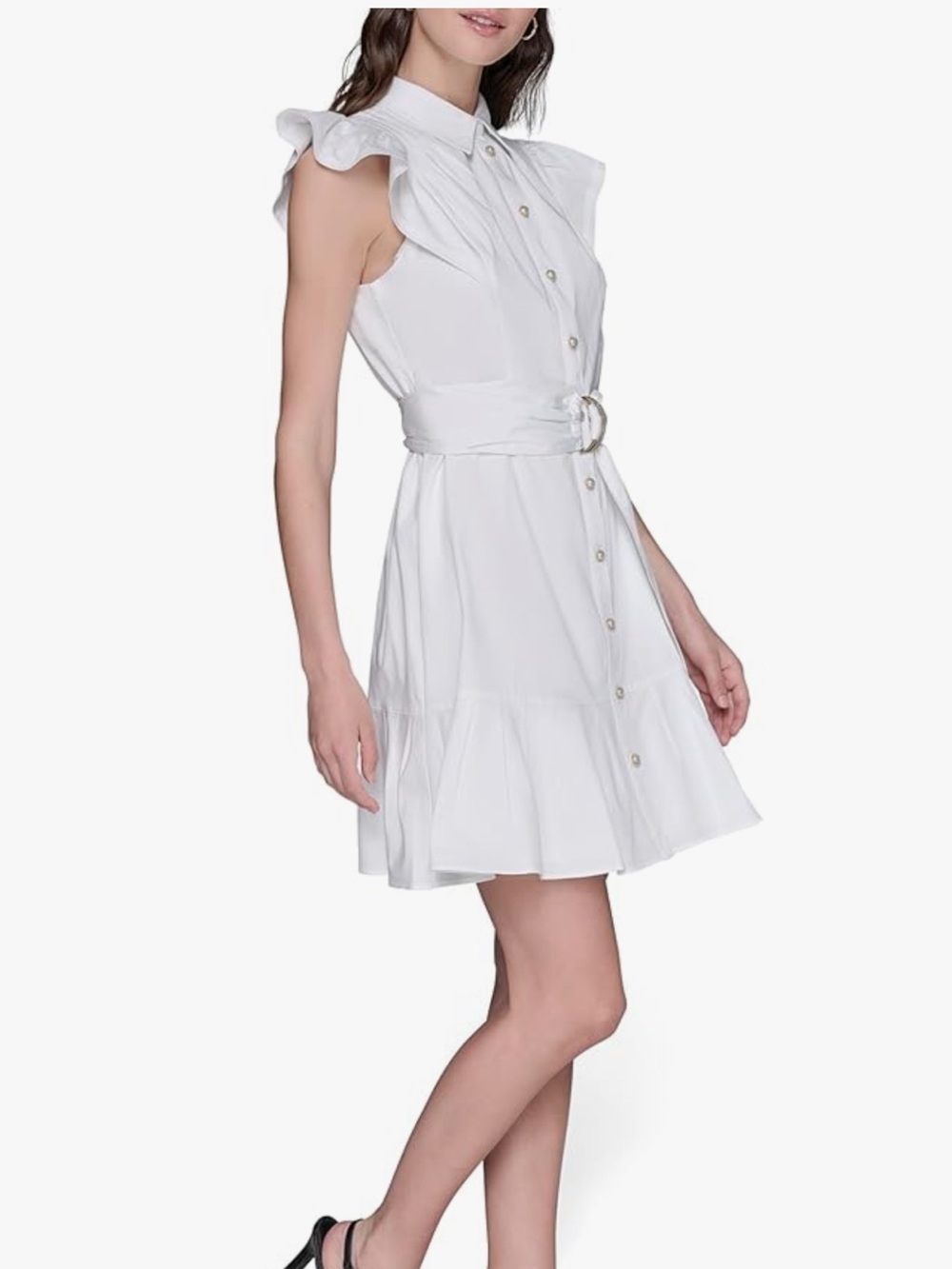 NWT KARL LAGERFELD White Ruffle Sleeve Button-Front Mini Dress